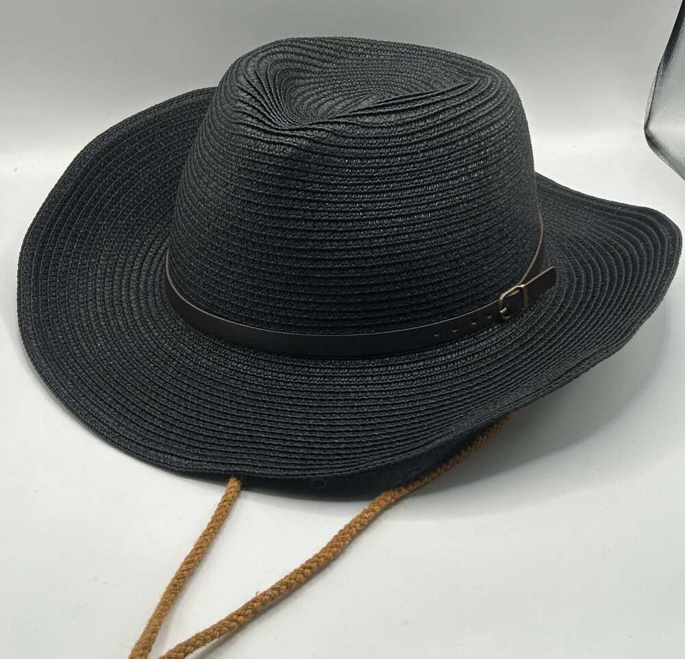 Black Straw Fedora Sun Hat with Brown Leather Band and Chin Strap
